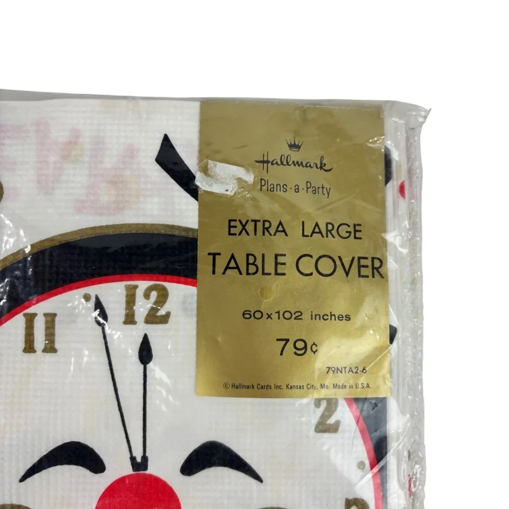 Vintage New Year's Eve Tablecloth Happy Clock Print 60 x 102 Party Table Cover